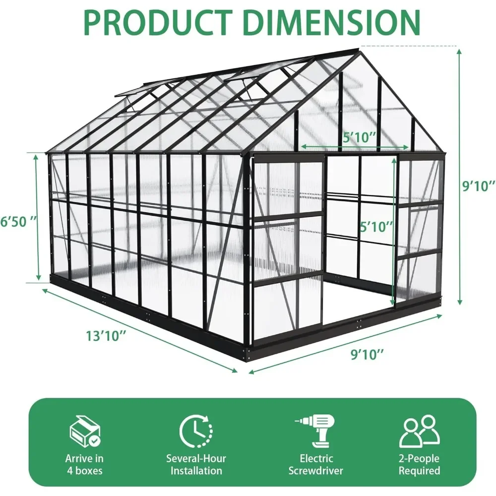 10x14 FT Greenhouse with 4 Roof Vent Windows and Lockable Double Doors, Outdoor Aluminum Polycarbonate Walk-in Greenhouse