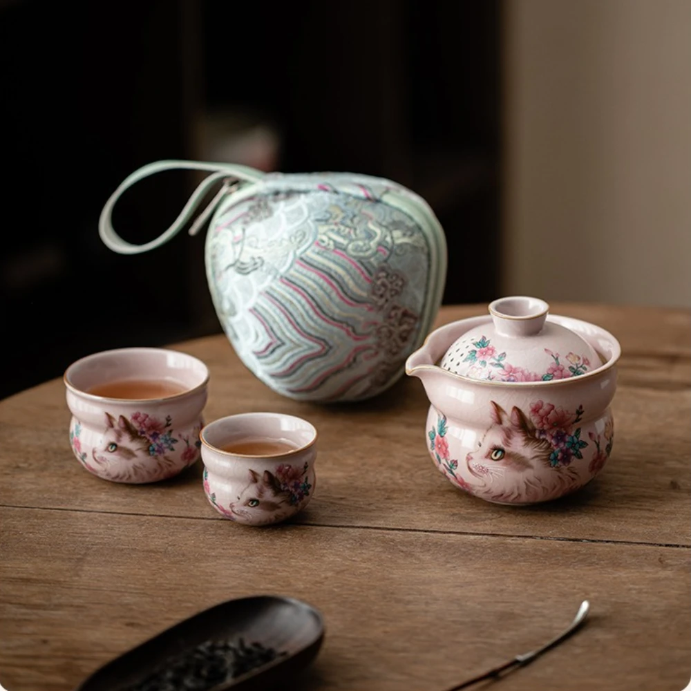 

Pink Ru Cute Flower Cat Gourd Travel TeaSet Open Ceramic 1 Pot 2 Cup Portable Kuaike Cup Outdoor Travel Tea Breaker Tea Ceremony