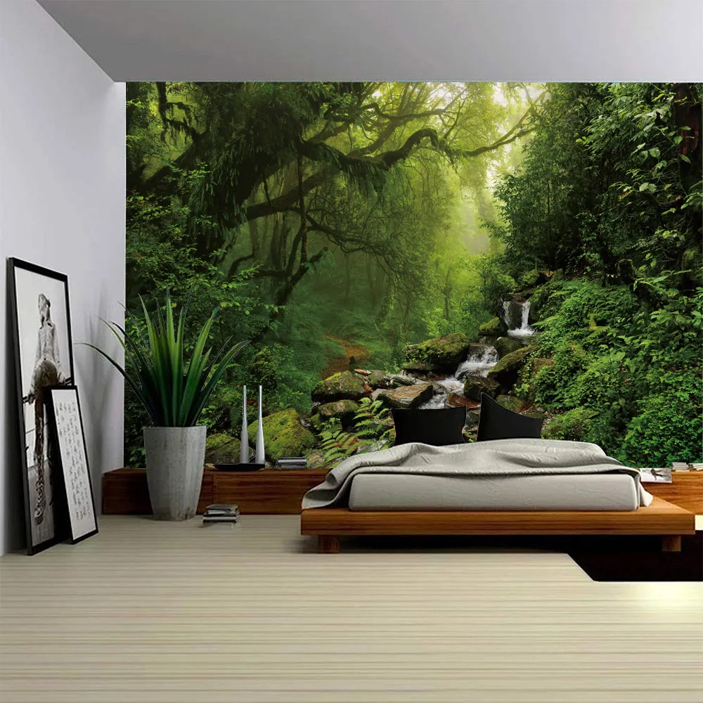 

Green Jungle Landscape Tapestry Wall Hanging, Home Decoration Background Cloth, Camping Tent Mat Bed Sheet Blanket