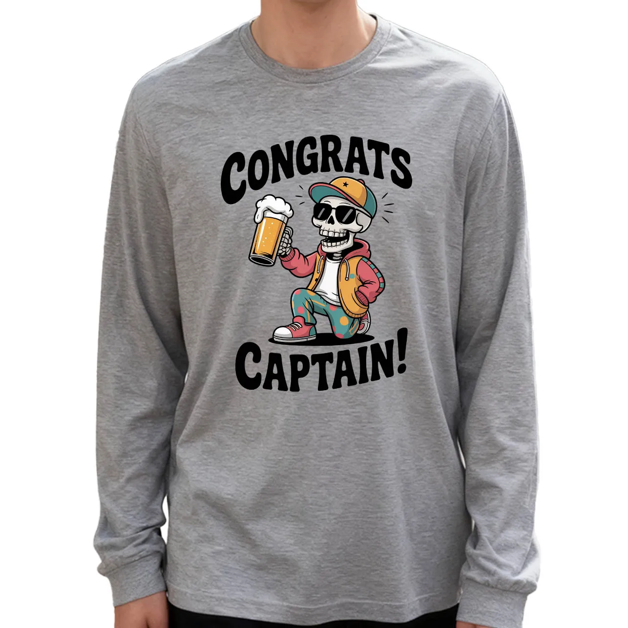 เสื้อยืดแขนยาวผู้ชายลายกัปตัน 180 กรัม ผ้าฝ้าย 100% คอกลม พิมพ์ลาย สวมใส่สบายในชีวิตประจำวัน เนื้อผ้านุ่ม ระบายอากาศได้ดี