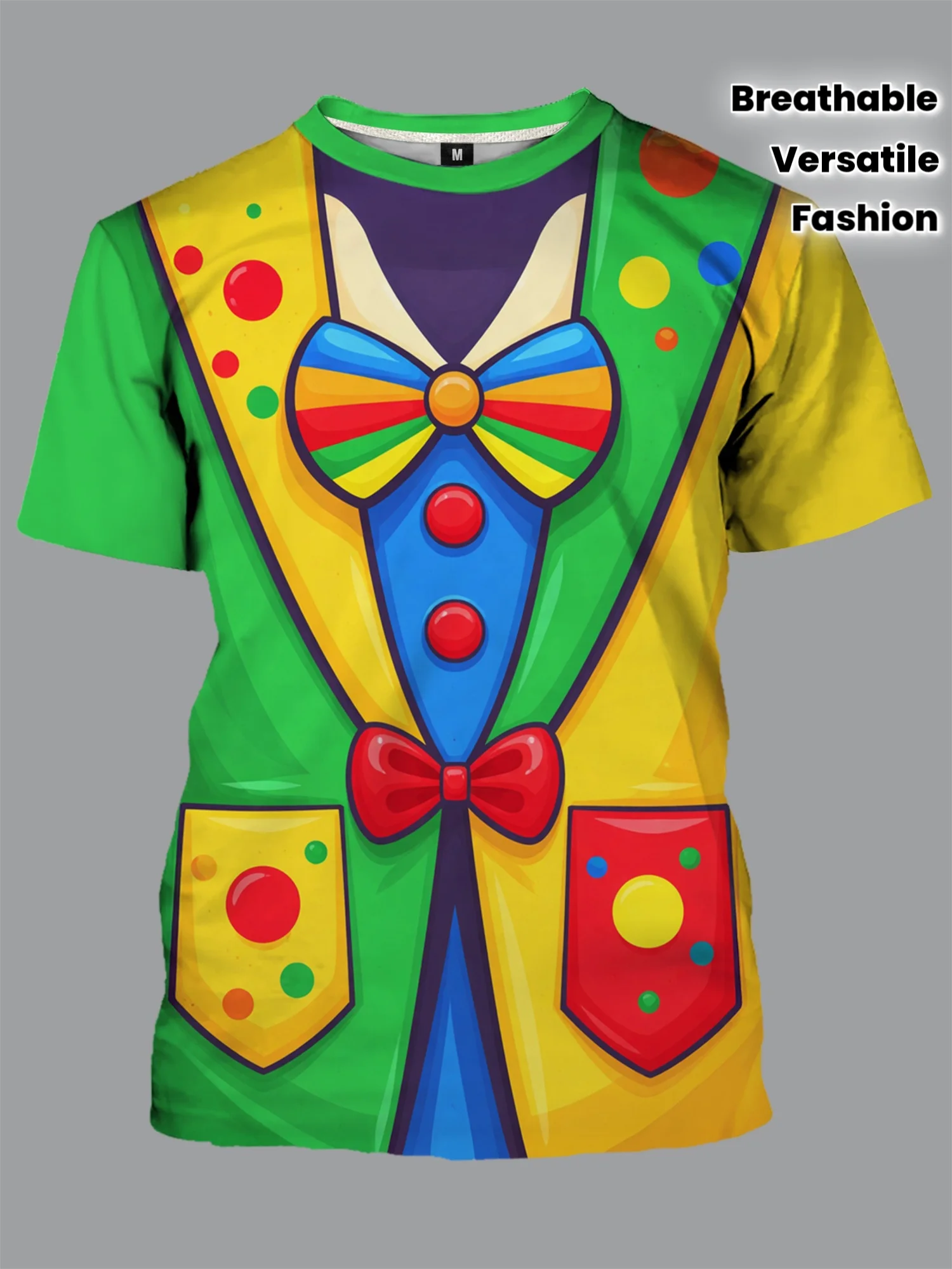 Men's Crew Neck Short Sleeve T Shirt 3D Clown Suit Bow Tie Dot Print Halloween Party Casual Costume Tops