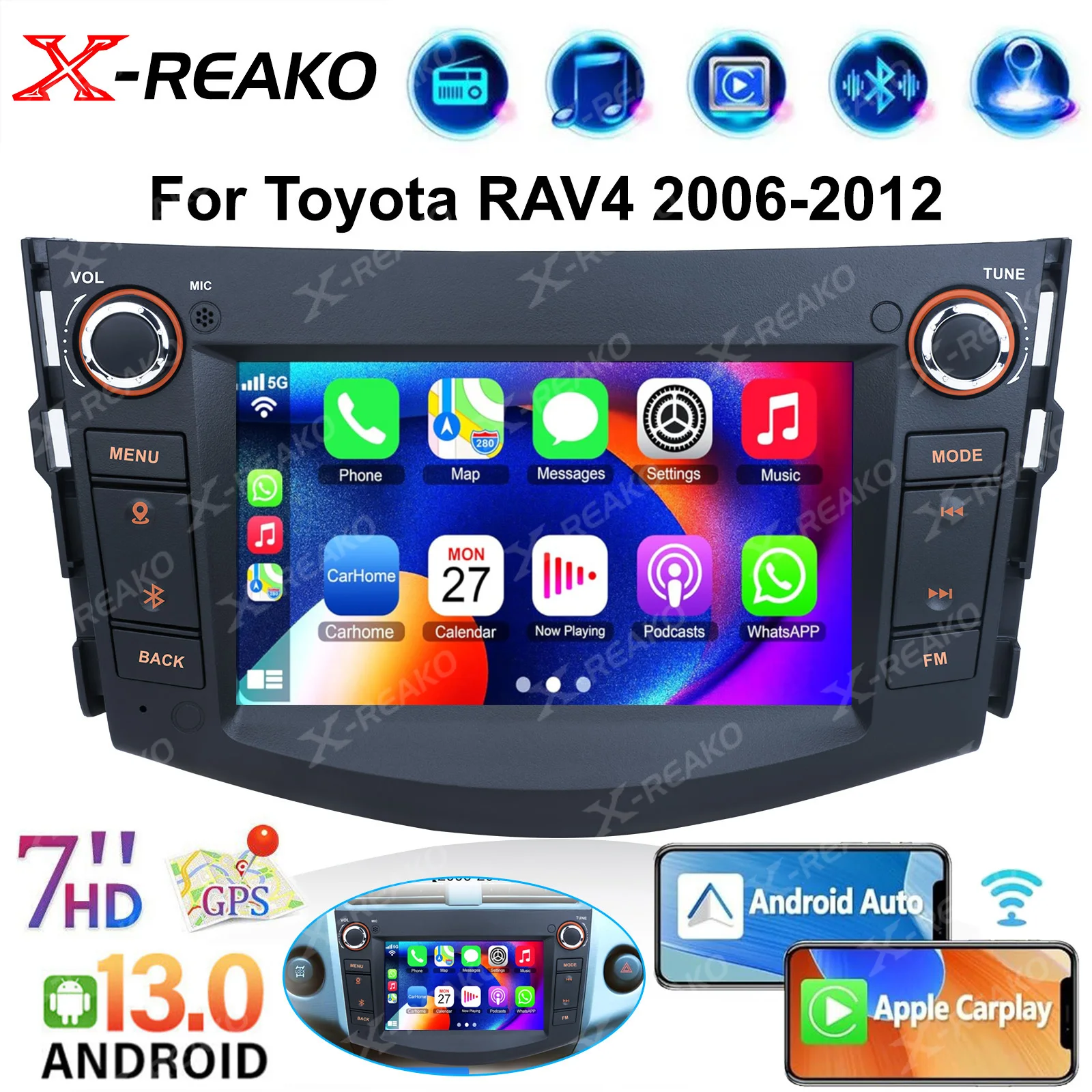 X-REAKO Android 13 Car Radio For Toyota RAV4 RAV 4 2006-2012 2Din WiFi Car Stereo Multimedia Player Carplay GPS DSP Navigatio BT