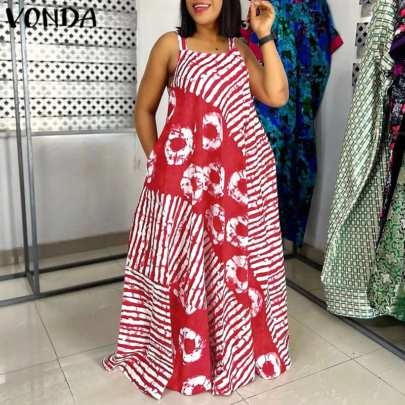 VONDA Plus Size 5XL Letnia Sukienka Maxi w Stylu Boho z Nadrukiem Bez Rękawów na Imprezę Plażową, Długa Sukienka typu Sundress, Casualowa Sukienka na Wakacje