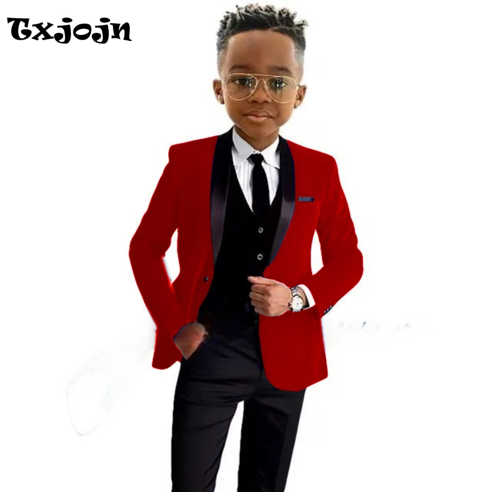 Christmas Boys Red Velvet Suits 3 Pieces Party Wear Formal Shawl Lapel Kids Suit Set Wedding Tuxedo Children's Stylish Tuxedo