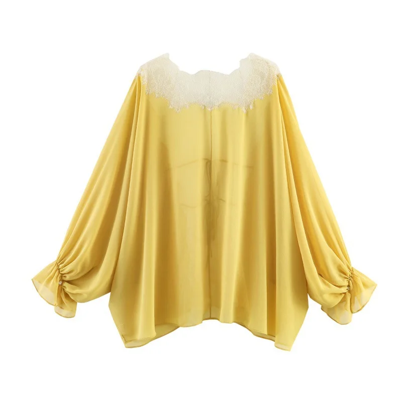 Withered Women's 2026 Summer New Product: Casual Long Sleeve Asymmetric Splicing Lace Shirt For Women