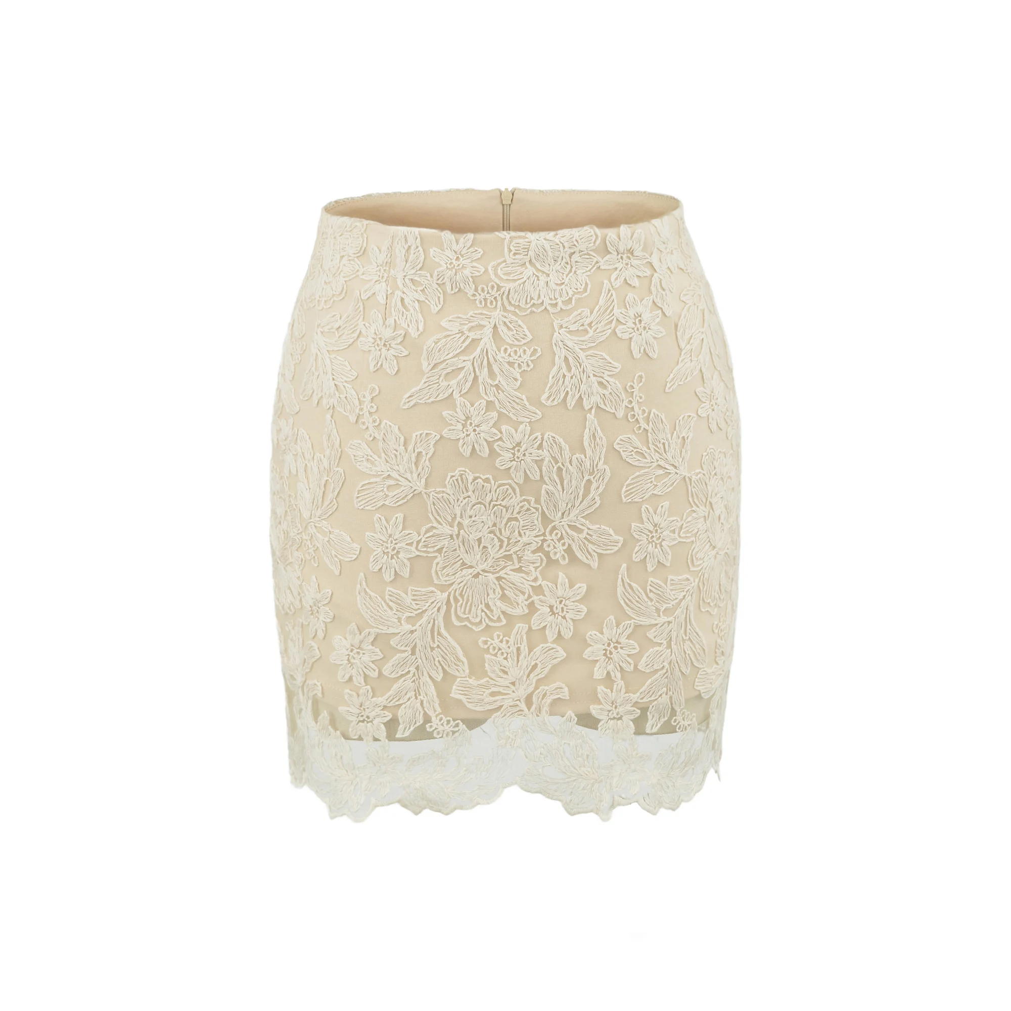 High Waist Short Lace Embroidery Slim Fit Skirt Women's Half Body High Class Feel Gentle Wind Style Zipper Back Polyester Fiber