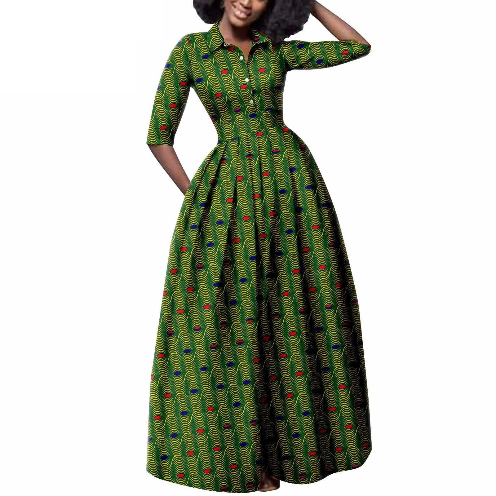 

Fashion Robe Dresses Ankara Print African Dresses for Women Half Sleeve Elegant Dashiki Wedding Pleated Skirt Dresses Outing