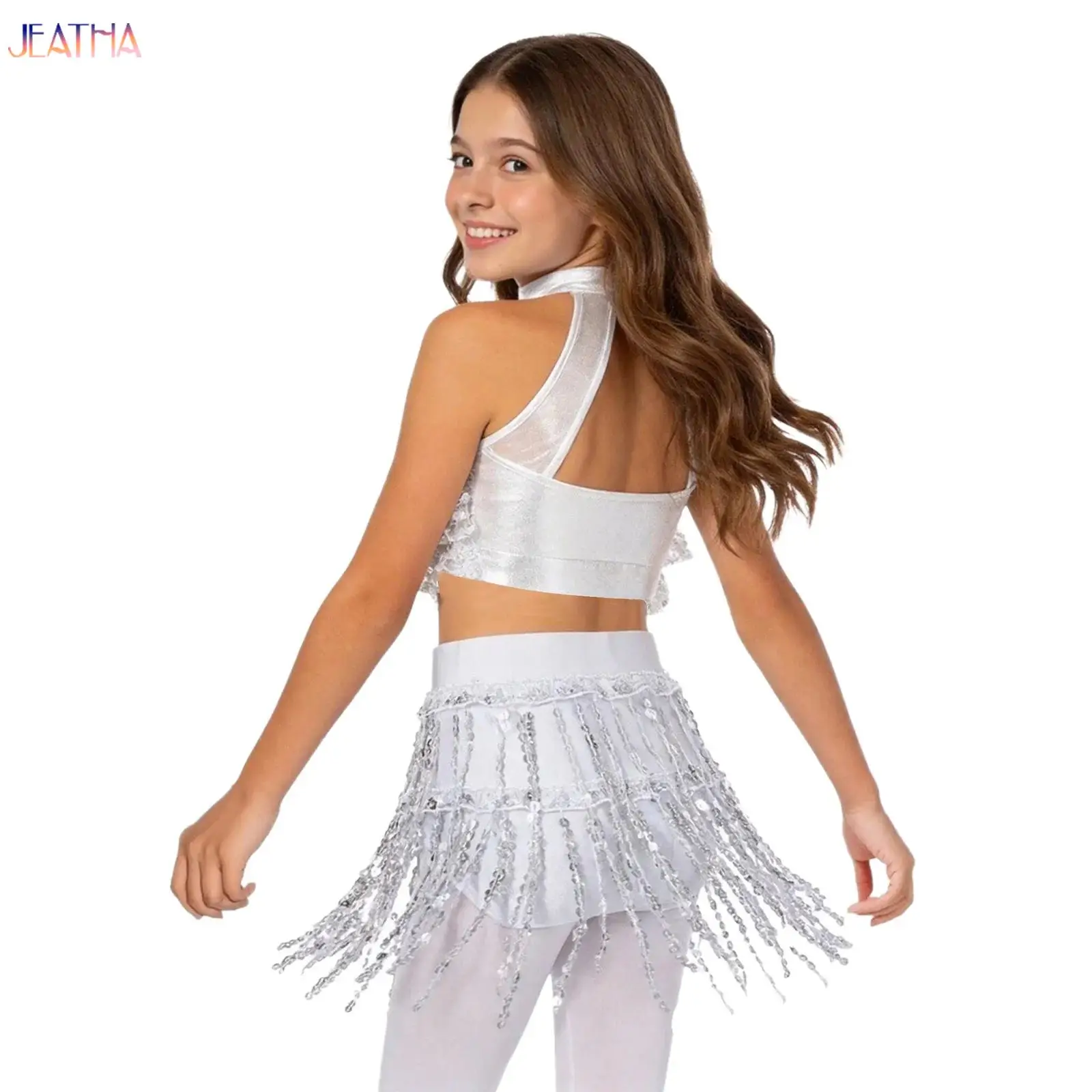 

Kids Girls 2Pcs Shiny Sequins Tassels Jazz Latin Dance Costumes For Rumba Chacha Samba Hip Hop Performance Dancewear Outfit