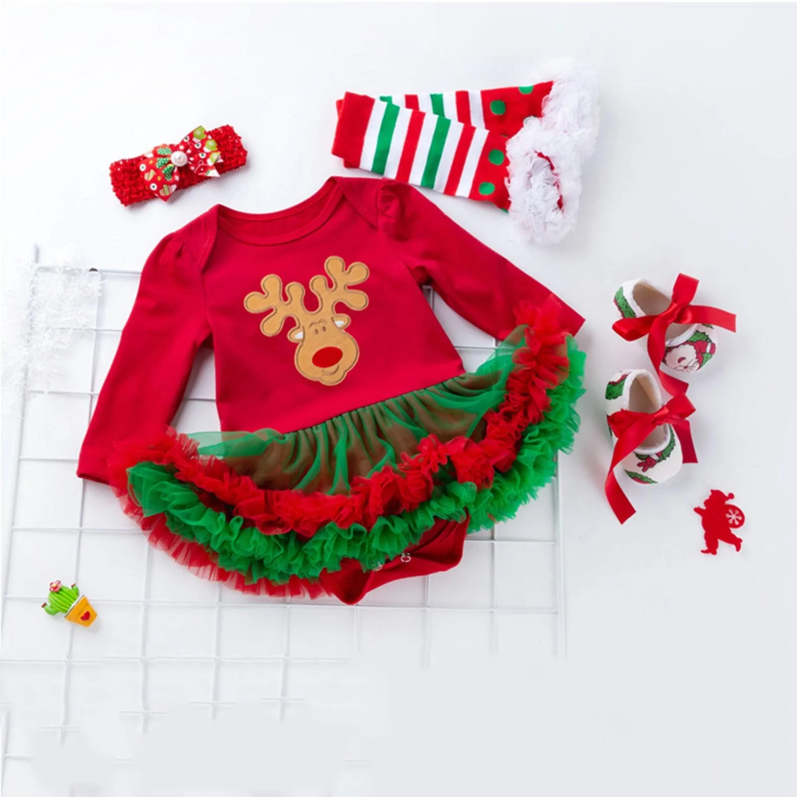 

Christmas Baby Girl Holiday Clothes Newborn Winter and Autumn Long-sleeved Red Green Wrap Dress Princess Haori Dress 4-piece Set