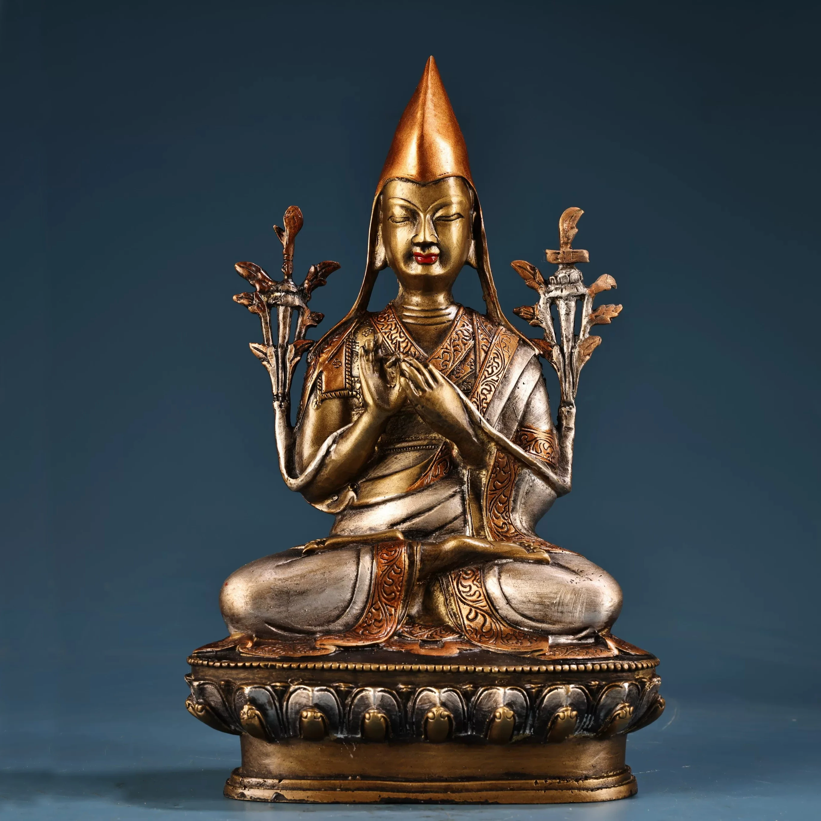 Tibetan High Relief Tsongkhapa Seated Statue Gold Silver Engraved Handmade Copper Home Altar Decor