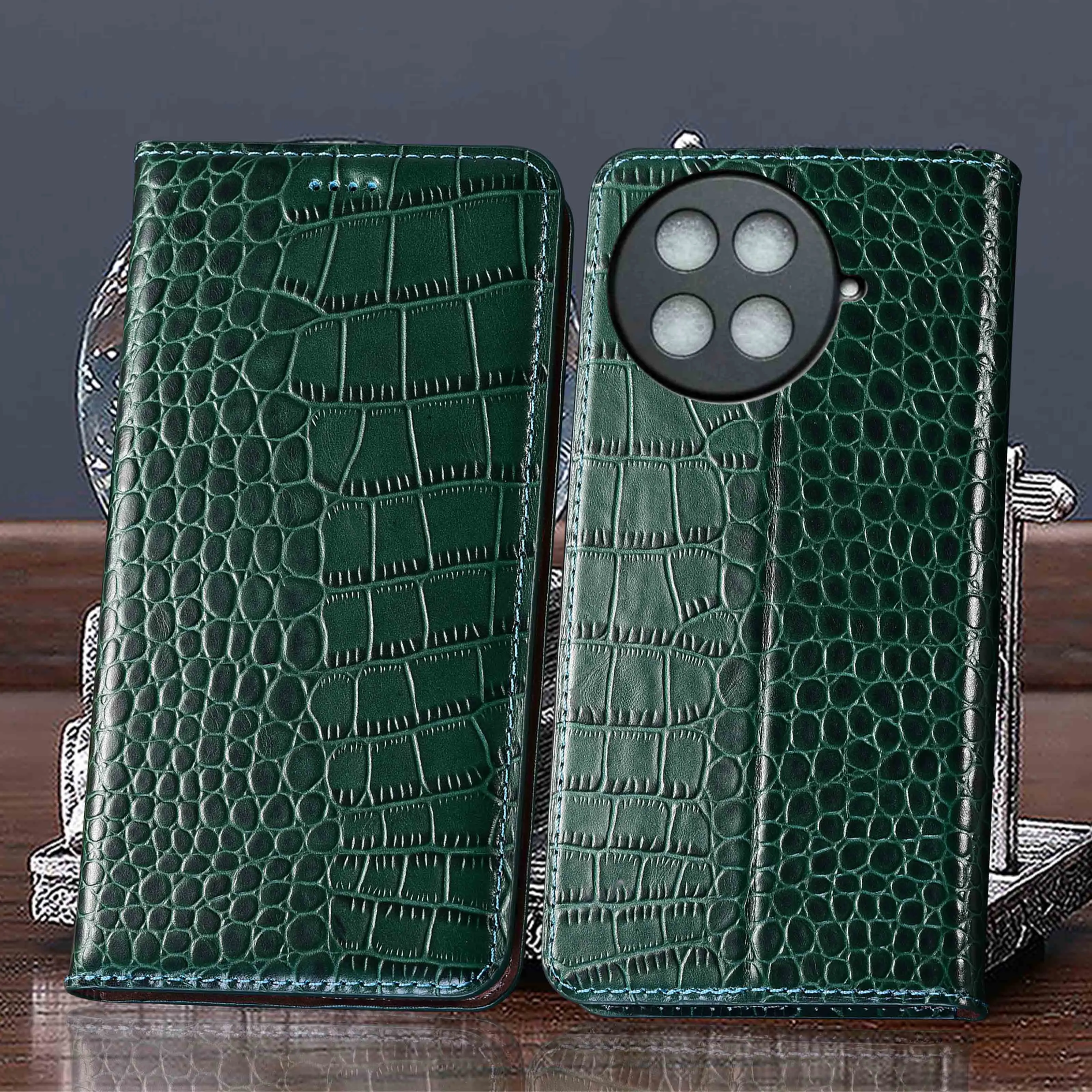

For Tecno Camon 17 18 19 20 20S 30 30S 40 50 Premier Pro Ultra 4G 5G Crocodile Pattern Genuine Leather Flip Phone Case Cowhide