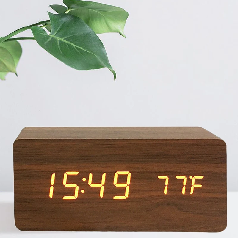 Digitaler Wecker aus Holz, LED-Wecker mit Temperatur-Schreibtischuhren für Büro, Nachttischuhr – Detail 5