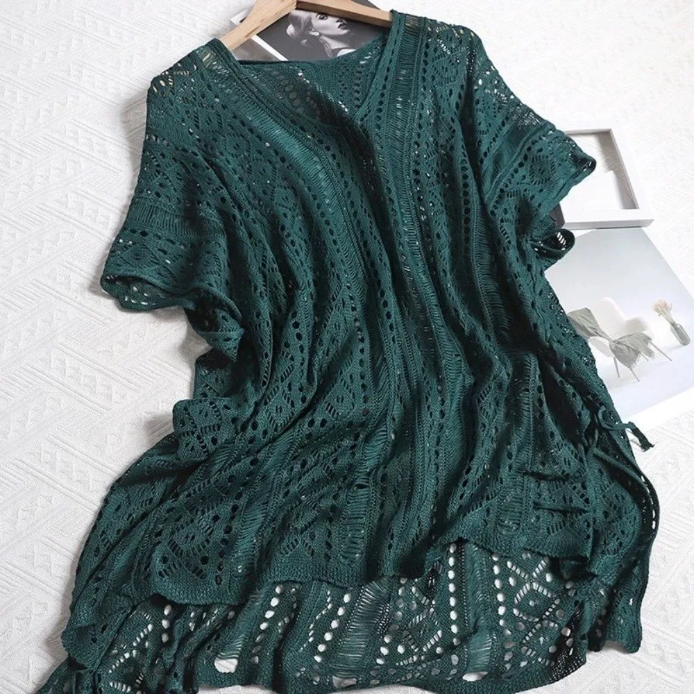 Oversized oco para fora maiô cobrir com decote em v crochê camisola de malha biquíni cobrir estilo boêmio rede de pesca beach wear