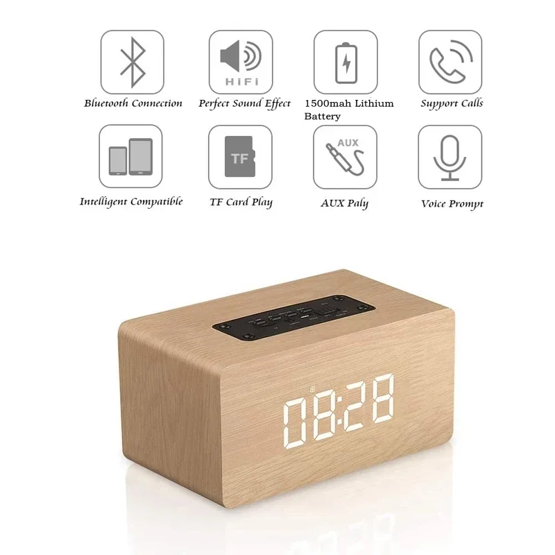 W5C Wooden Wireless Alarm Clock Bluetooth Speaker Multi-functional Computer Speaker Support AUX TF Card FM MIC Music Box Player