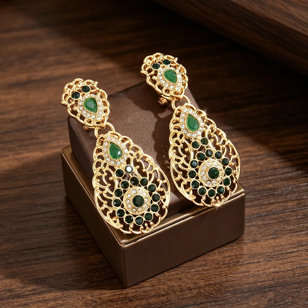 Middle Eastern Bridal Long Dangle Earrings Hollow Filigree Multicolored Crystal Party Ear Ornaments