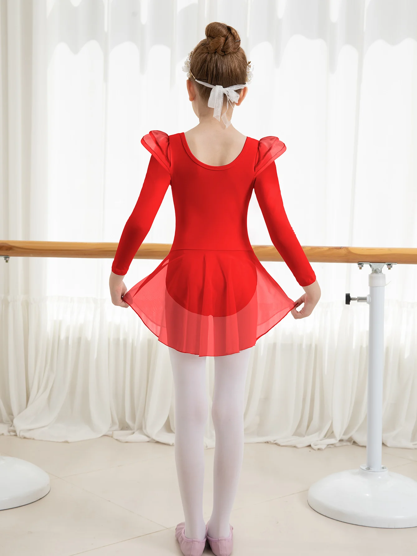 Girls Long Sleeve Ballet Leotards Toddler flutter sleeve high-low Fine Mesh Skirt Kid  Dance Gymnastic Outfits