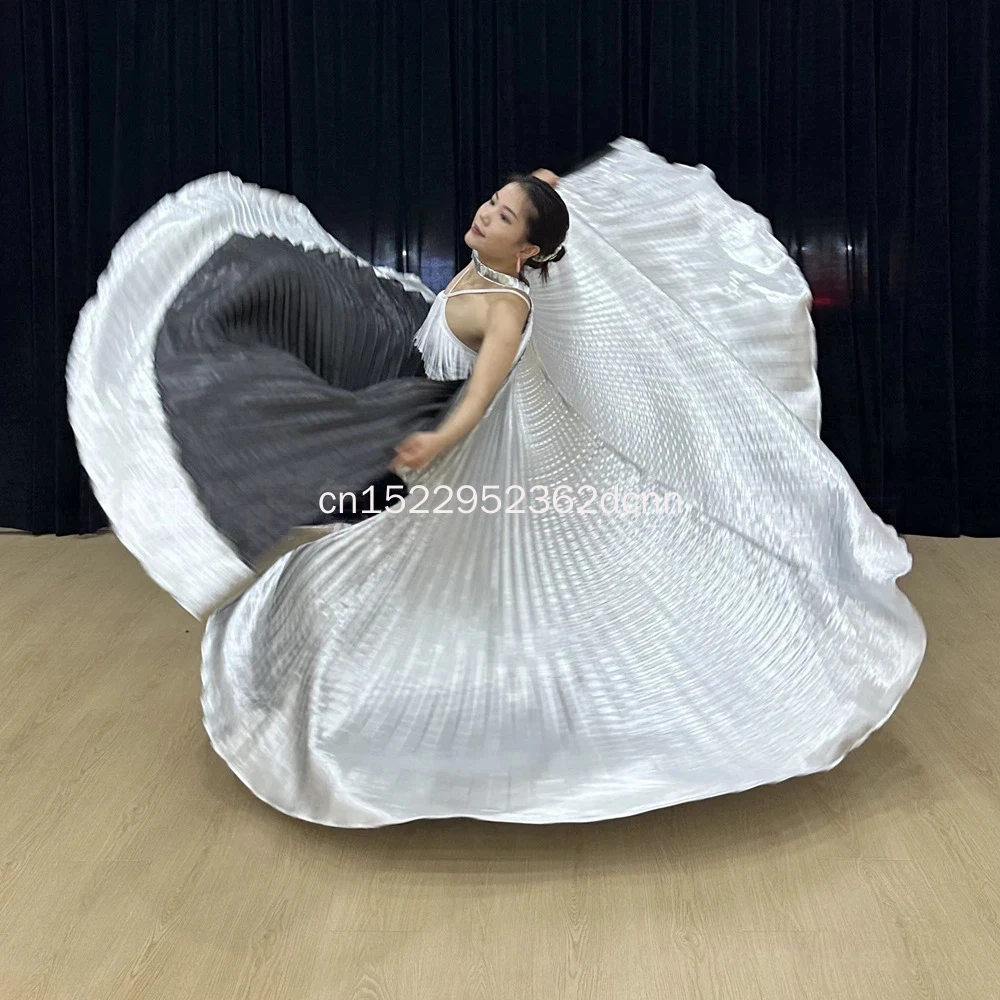 Black Silver Organ Pleated Gold Wings Dance Suit 360 Degree Double Pendulum Skirt for Stage Performance Art Test Belly Dancing