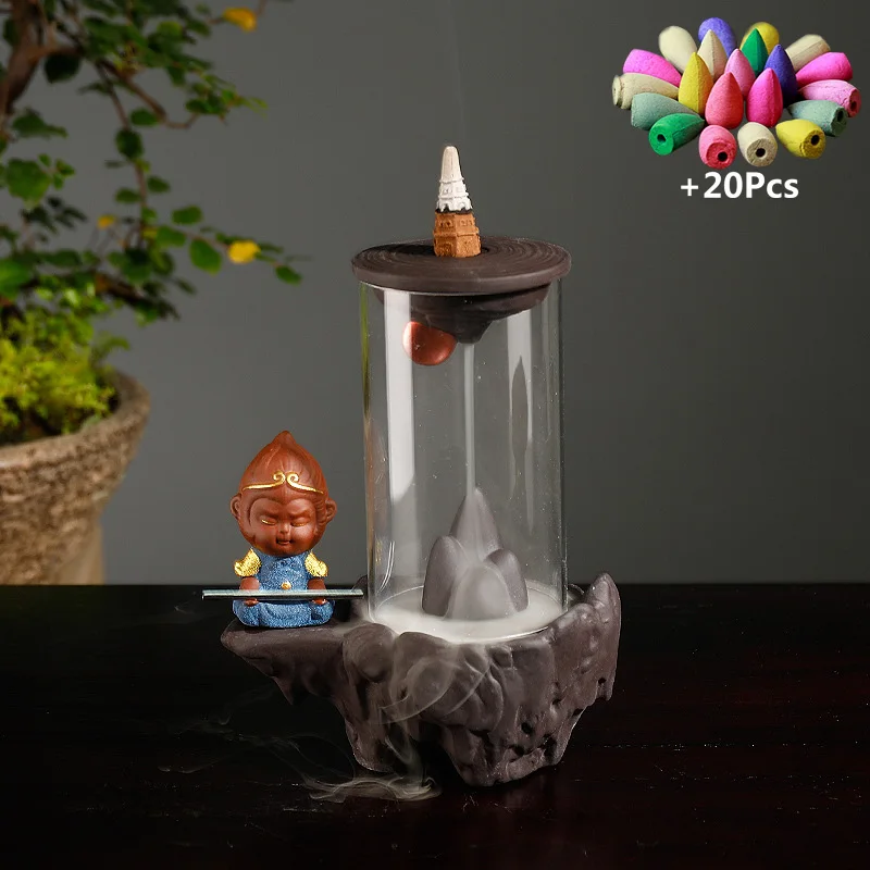 Handcraft Windproof Waterfall Backflow Incense Wukong Monkey King Home office Tea House Decorate Censer