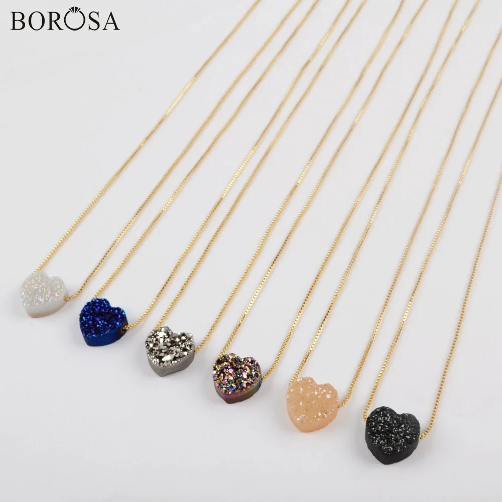 BOROSA 12mm Heart Rainbow Titanium Natural Druzy Bead 16.5~17 inch Chain Adjustable Necklace Jewelry for Lady as Wedding Gift