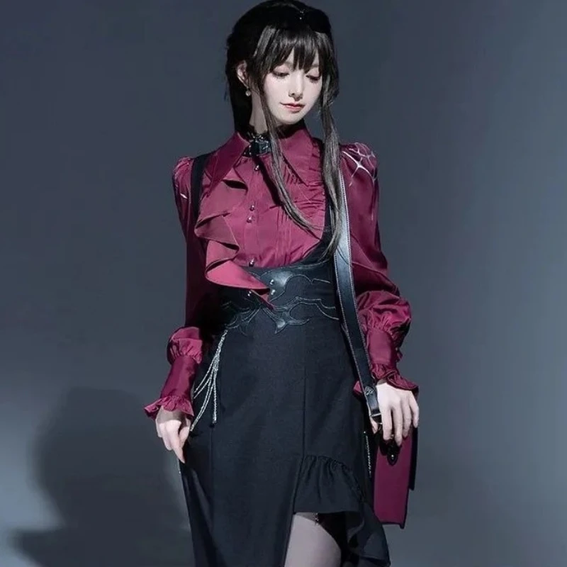 日本不規則なスプリットブラウスシングルブレストグランジボディコンシャツ女性原宿ヴィンテージフリル襟 Blusas Y2k 美的