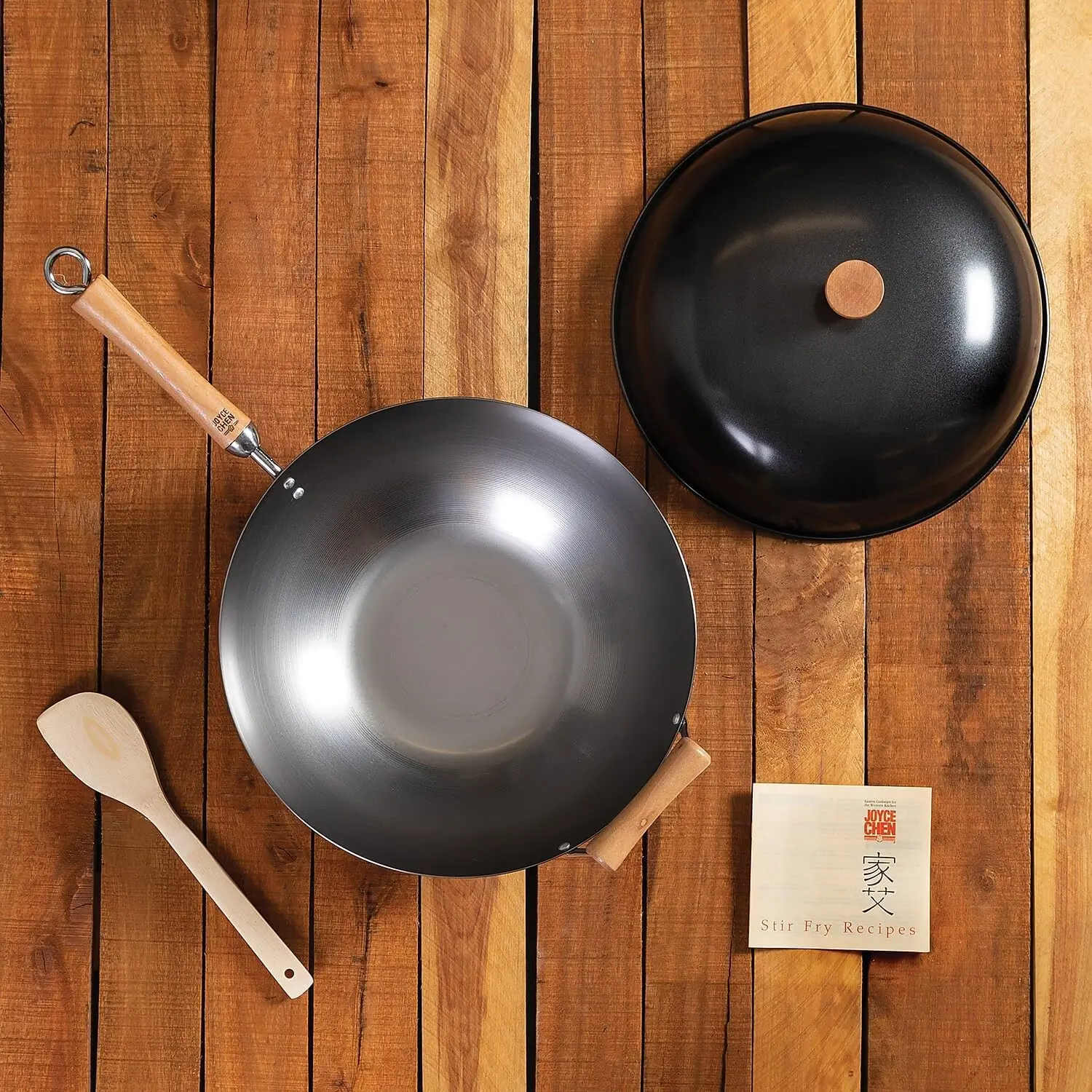 14-Inch Uncoated Carbon Steel Wok Set with Lid and Wood Handles, 4-Piece for High-Temp Cooking 3