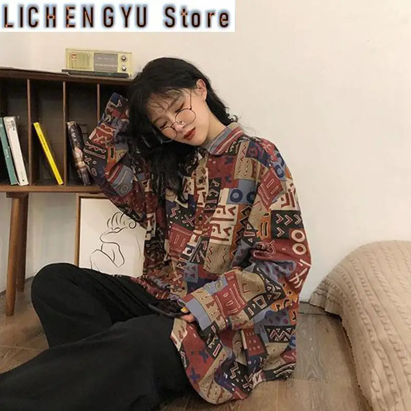 

New Vintage Printing Women Shirt Harajuku Streetwear Oversized Casual Lapel Shirt Korean Chic Long Sleeve Blouses Tops