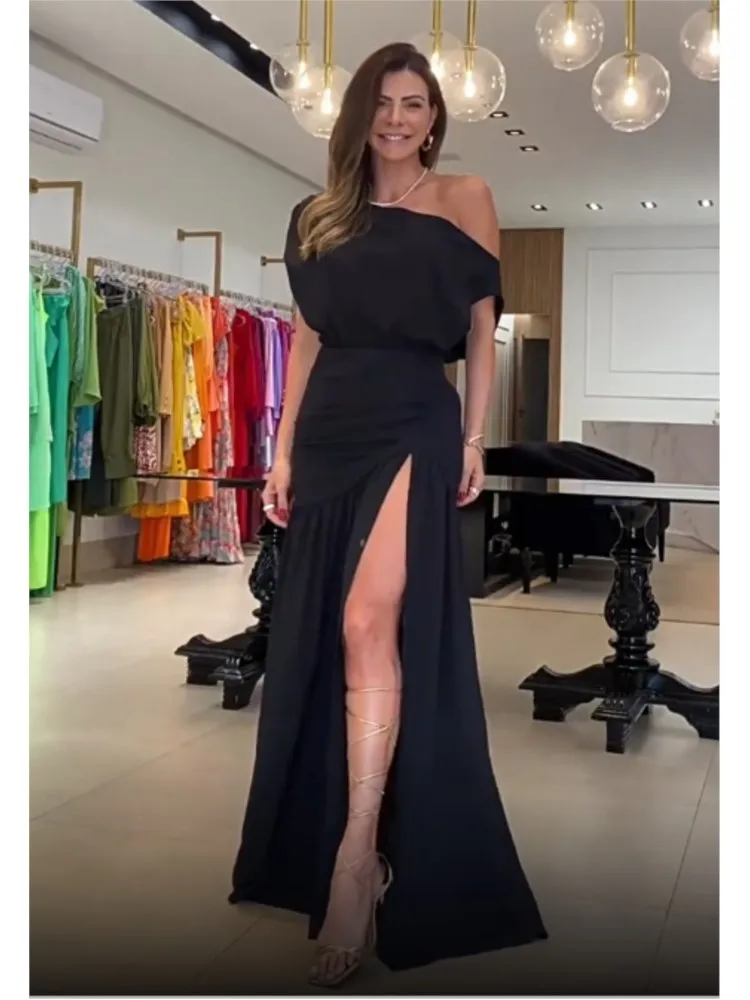 

Sexy Off-shoulder Slanted Collar Waist-hugging Dress For Women Summer Fashion Solid Color High Slit Floor Casual Dresses Female