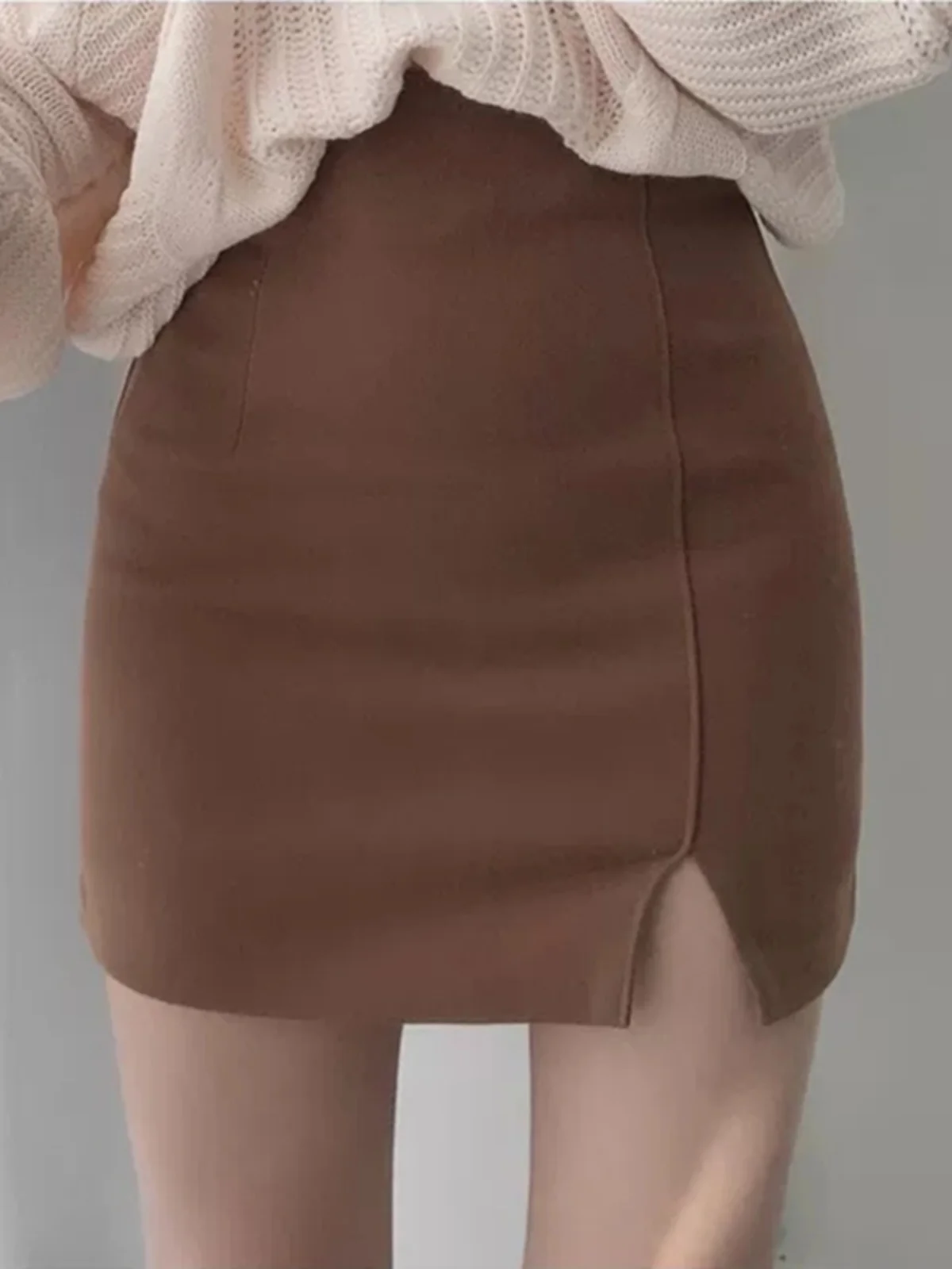 High Waist Slit Woolen  Skirt Women's Autumn Winter Brown Tight Sexy Bodycon Skirt Black Short Skirt Fashionable A-Line