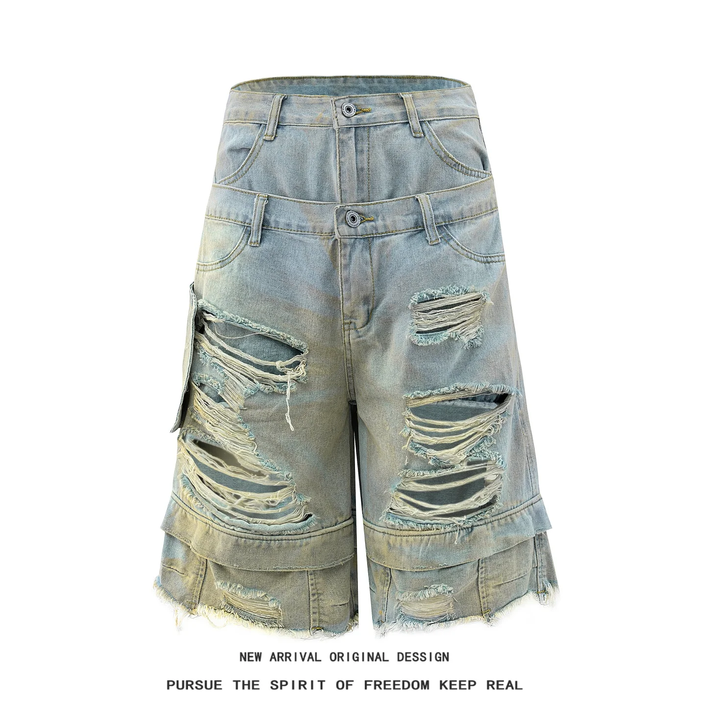 Men's Street Style A-Line Wide Leg Seven-Piece Jeans Shorts Youth Casual Wear Summer Fashion Trendy Double Waist Hole Washed ...