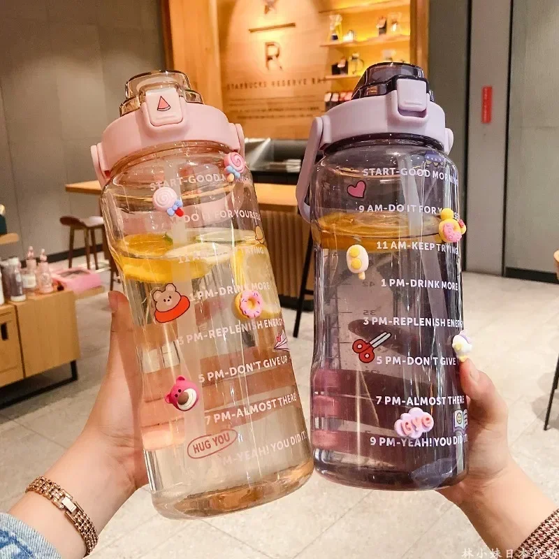 

2 Liter Water Bottle with Straw Female Girls Large Portable Travel Bottles Sports Fitness Cup Summer Cold Water with Time Scale