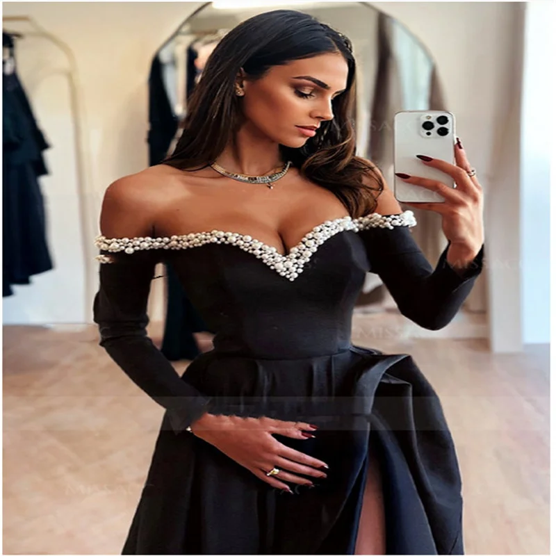 Elegant Modest Saudi Arabian Black Evening  Dresses for Wedding Purple Chic Long Prom Gowns 2025 New Satin Party Dress Customize