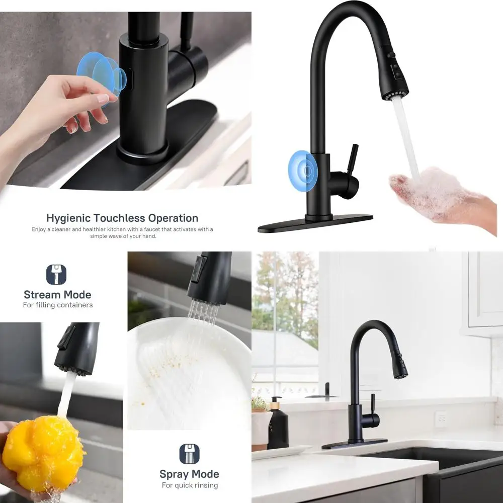 

Бесконтактный кухонный смеситель матового черного цвета с выдвижным распылением, интеллектуальным датчиком движения и одной ручкой