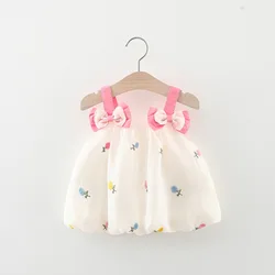 Summer girl's dress baby girl double bow suspender flower embroidered mesh fluffy dress children's dress