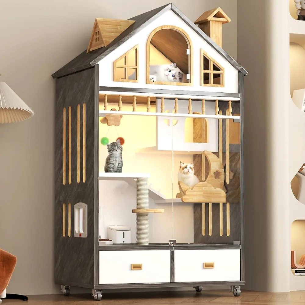 

Large Cat House Indoor Cage Cat Enclosure on Wheels,Wooden Cat House Large Space with Scratching Post, Multi-Feature Enclosed