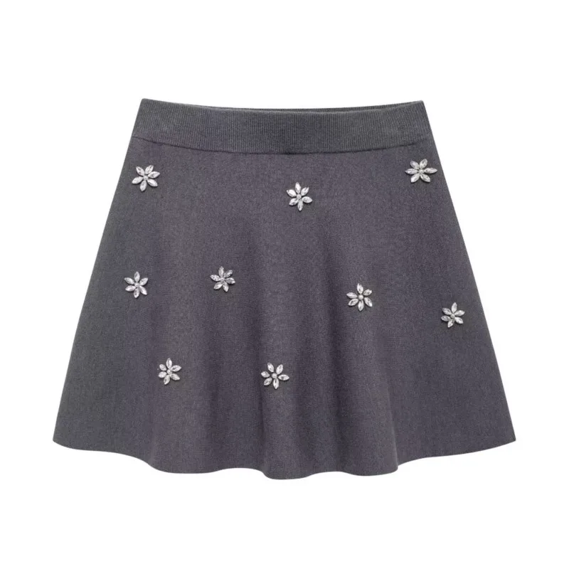 TRAF Jewelry inlaid knitted mini skirt For Women Autumn Sexy Knit Casual Elastic Ribbed waist Short Skirts Female Skirt