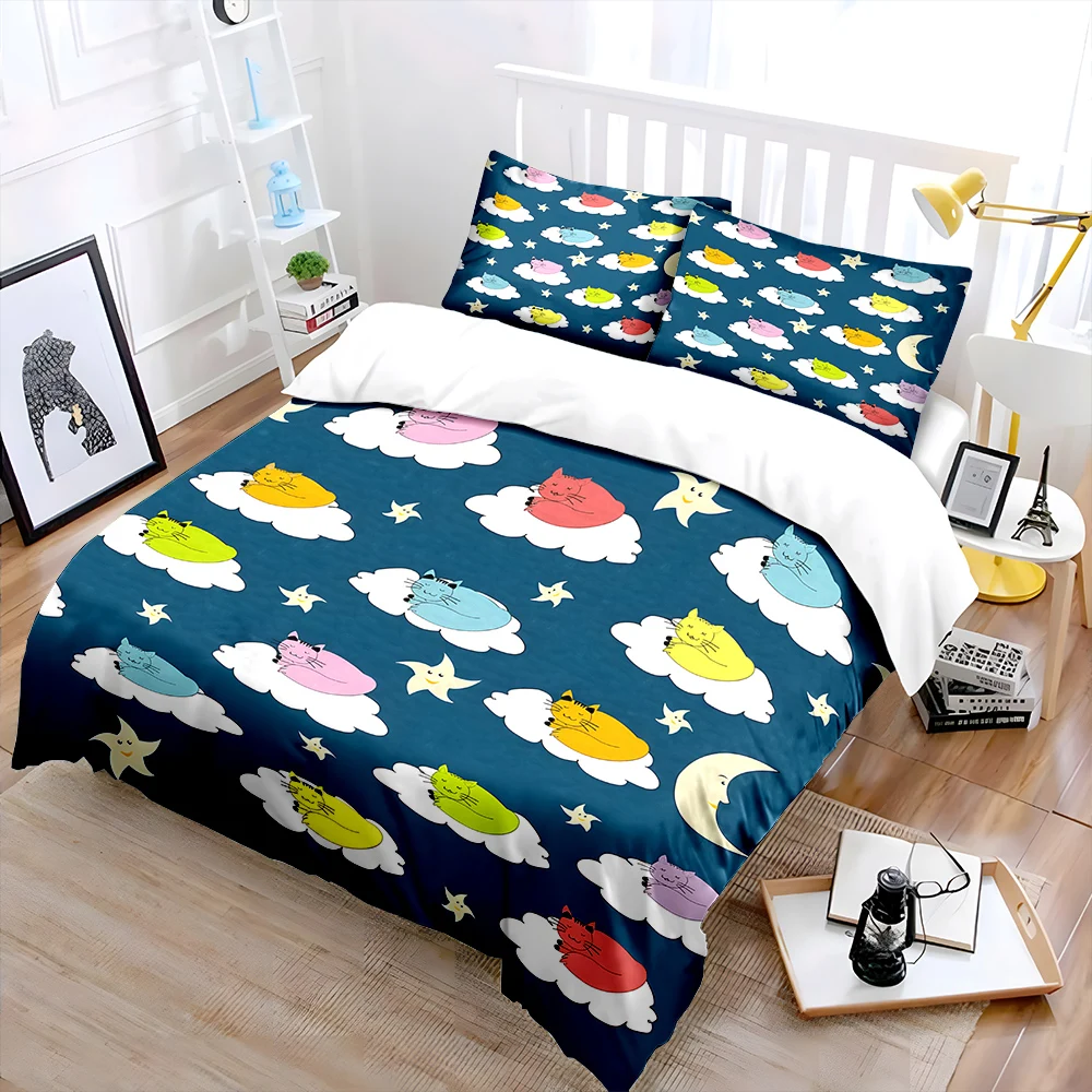 Colorful Cats Sleeping on Clouds Bedding Set for Kids Luxury Gift 3pcs Digital Print Comforter Set Soft Comfortable Breathable