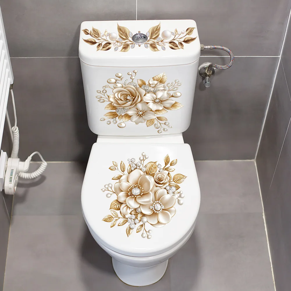 1/2pcs Golden flower toilet sticker, bathroom waterproof self-adhesive water tank decorative sticker