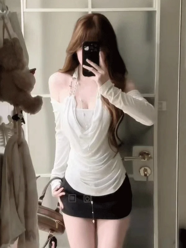 

Уникальный дизайн, топ с открытыми плечами, длинный рукав, сексуальный, облегающий, с необычным дизайном, красивый и молодежный.