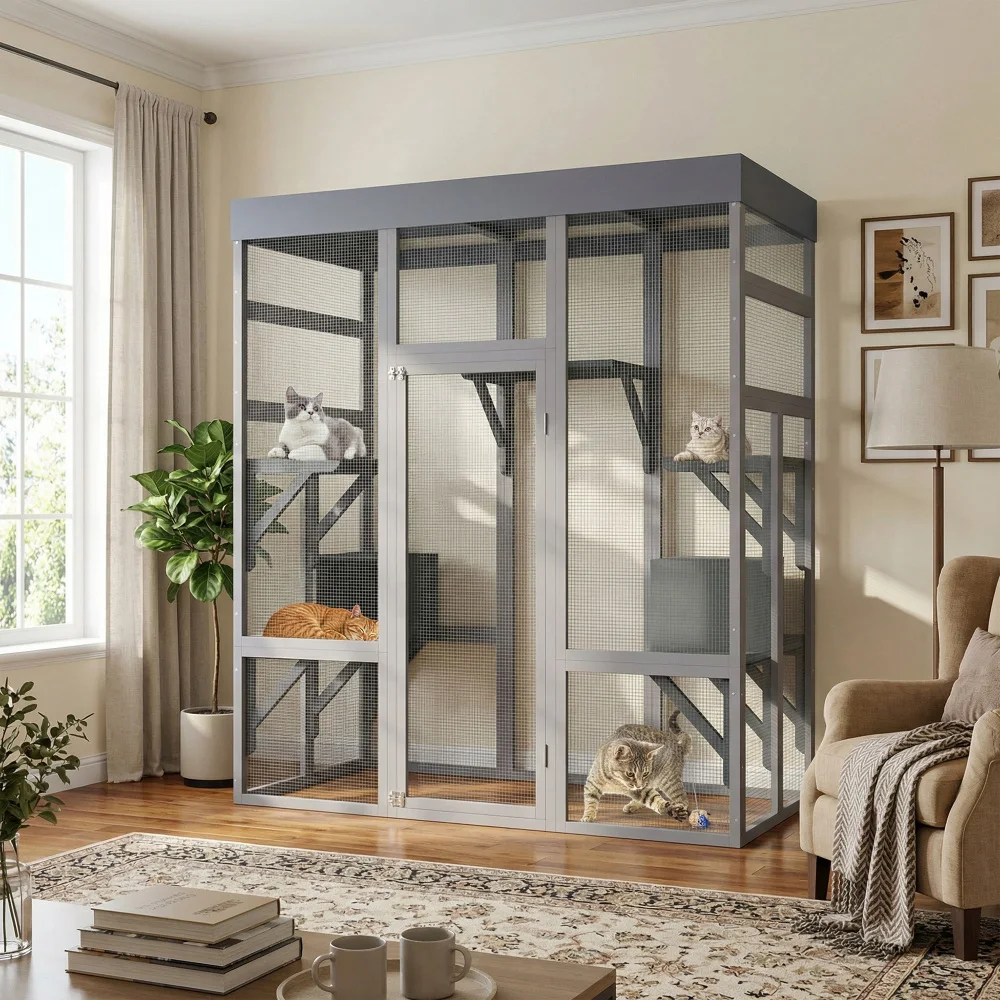 

62.6" Wooden Outdoor Catio: Large Enclosure with Waterproof Roof, 2 Napping Houses, Platforms & Galvanized Wire for Backyard/Pat