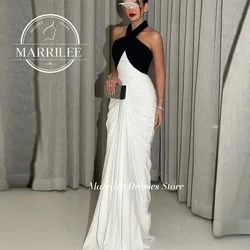 Marrilee personalizado Halter blanco negro plisado mancha vestido de noche Meimaid sin mangas hasta el suelo sin espalda vestido de fiesta de graduación