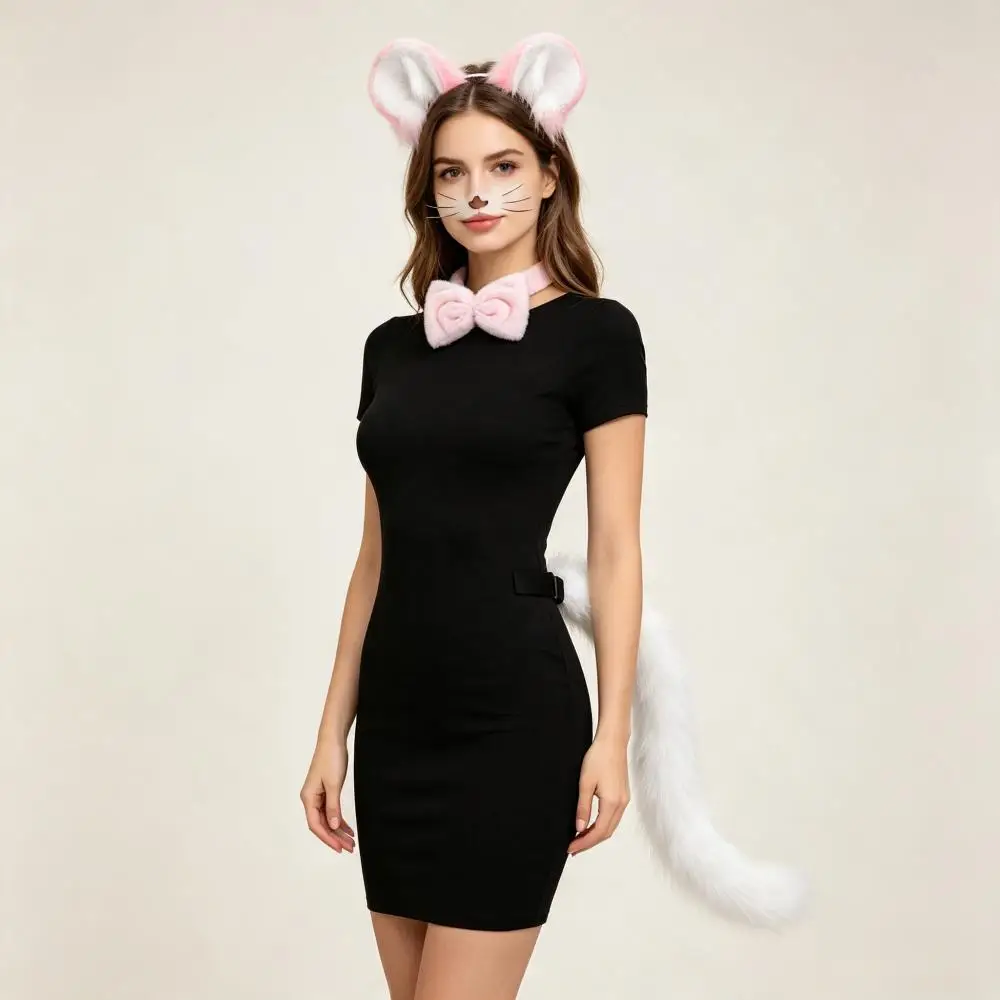 4Pcs Mouse Ears and Tail Set Plush Mouse Headband Nose Bow Tie Performance Anime Cosplay Party Halloween Costume Accessories