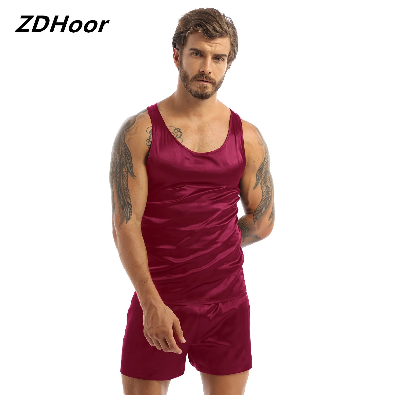 Mens Satin Pajamas Set Nightwear Sleeveless Tank Top Shorts Sleepwear Nightclothes Summer Nightgown Loungewear Male Daily Wear