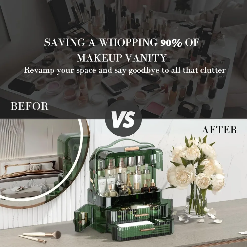 LINFIDITE Cosmetics Storage Box Transparent Lid Large Makeup Organizer Box Drawers Portable Handle Waterproof Dustproof