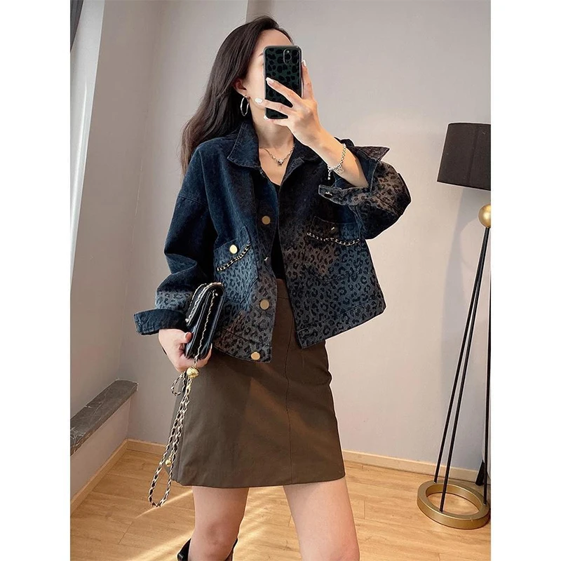 Autumn Winter Streetwear Vintage Leopard Print Denim Coat Ladies Harajuku Y2K Casual Fashion All-match Jacket Women Outwear Top