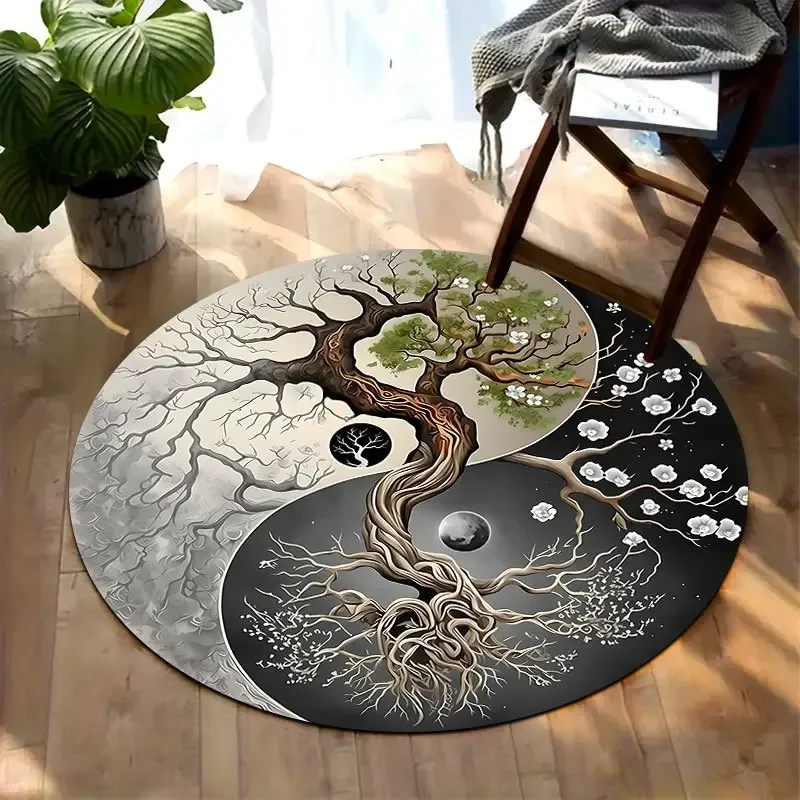 Bohemian Life Tree Design Flannel-printed round floor mats are slip-resistant Suitable for living bedroom terrace garden carpets