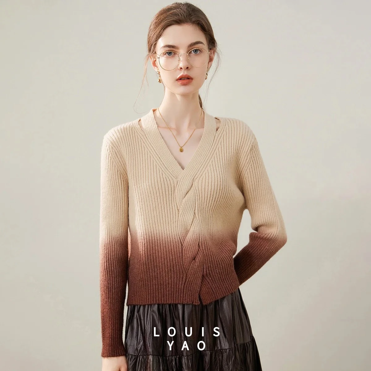LOUISYAO Gradient Cable Knit Sweater Women 2025 Winter V-Neck Lace Up Long Sleeve Knitted Pullover Casual Tops