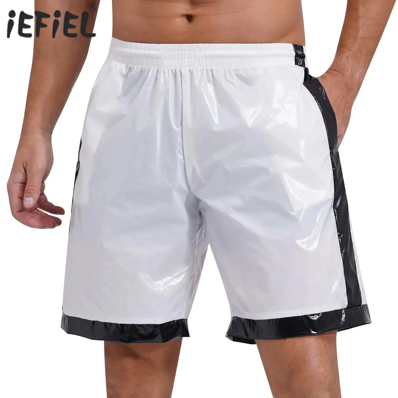 Mens Beach Boxer Shorts Wet Look Drawstring Elastic Waist Pocket Contrast Stripes Swimwear Shorts Swim Trunks Bottoms Loungewear