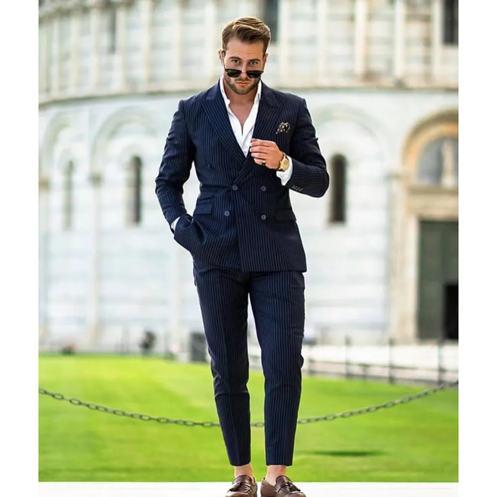 

2023 Men Navy Blue Stripe Peak Lapel Suits Business Casual Formal Costume Homme Double Breasted Slim Fit 2 Pcs Set Jacket Pants