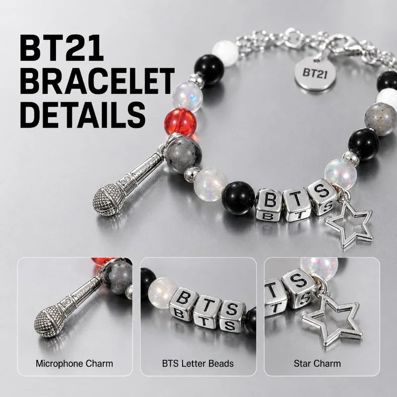 BT21 Black Red Beaded Bracelet, Fan Support Merch Fashion Bead Wristband Jewelry for Kpop Fans view 3