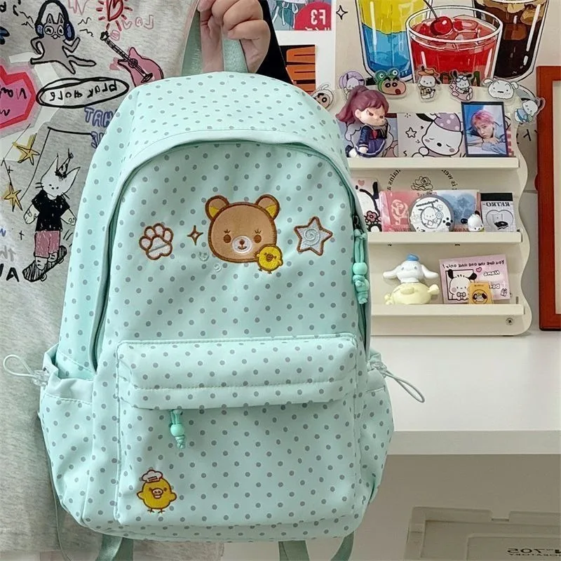 Cute Rilakkuma Polka Dot Backpack New Cartoon Design Large Capacity Fashionable and Good-looking Kawaii Backpack Bear Embroidery